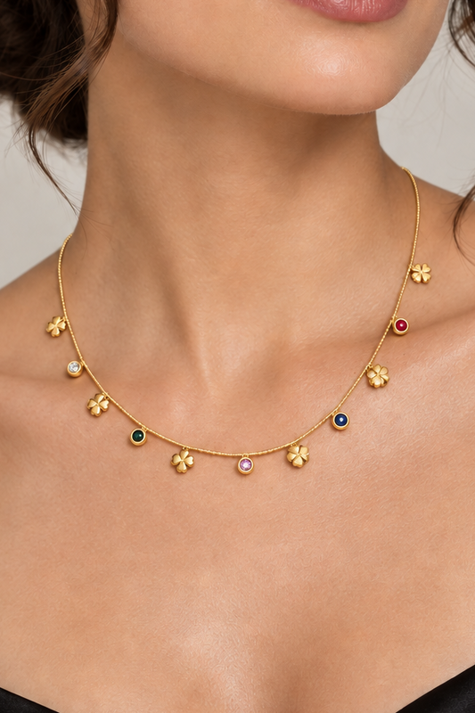 Flower charm multi stone necklace