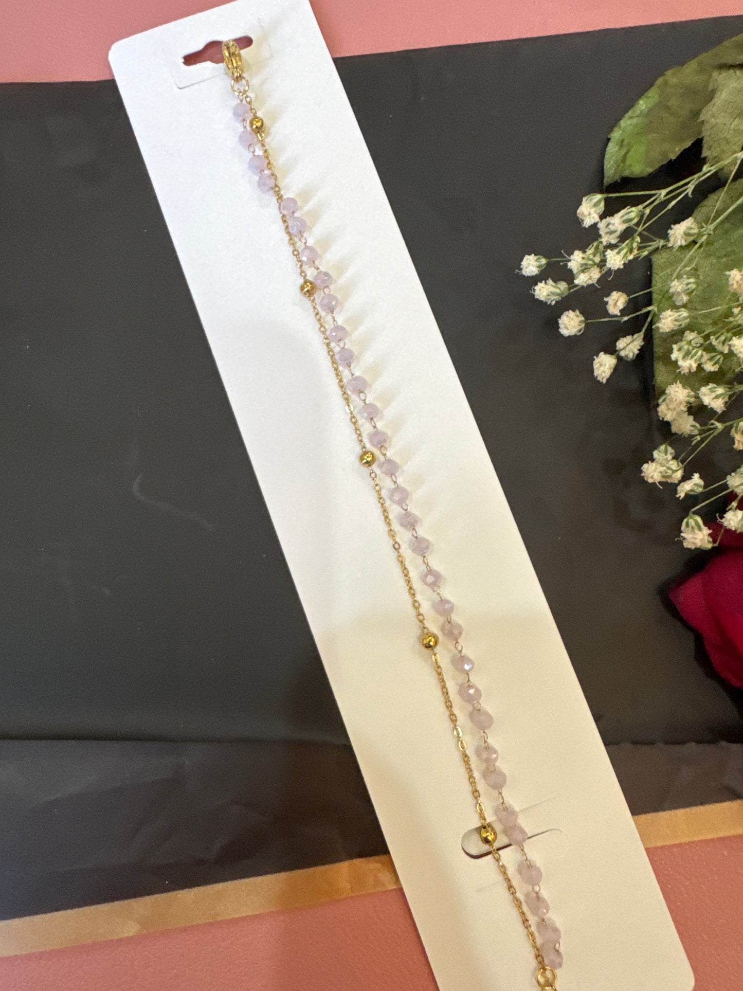 Double Layer Pink Bead Bracelet-Gold