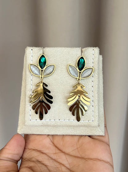 Emerald Leaf & Pearl Earrings