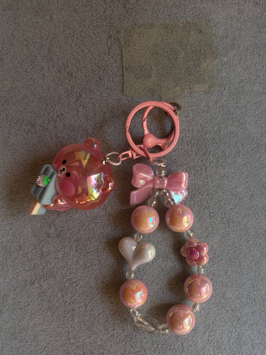 Cute Bear with Bow Phone Charm - Pink Beaded