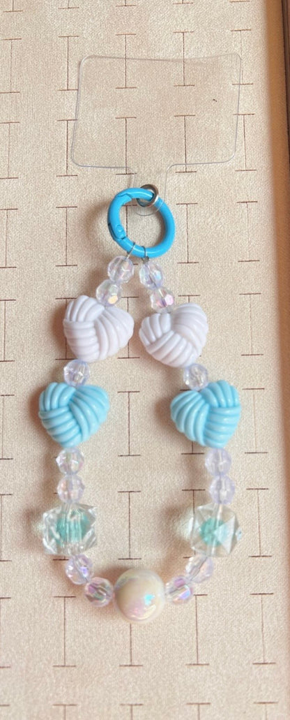 Blue White Heart Beaded Phone Charm - Blue Ring