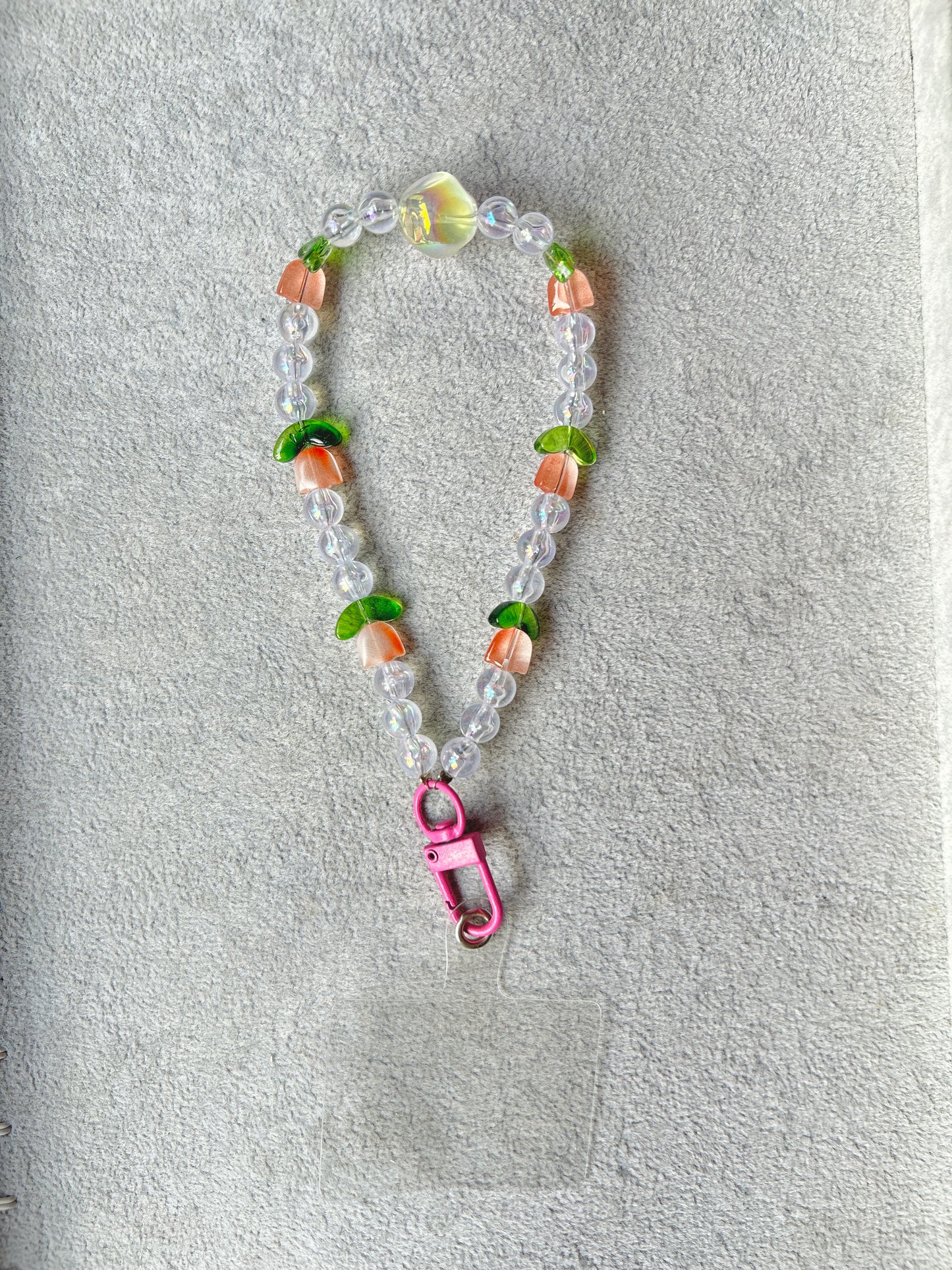 Peach Flower Beaded Phone Charm - Pink Carabiner