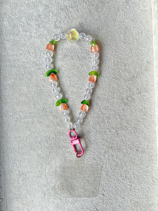 Peach Flower Beaded Phone Charm - Pink Carabiner