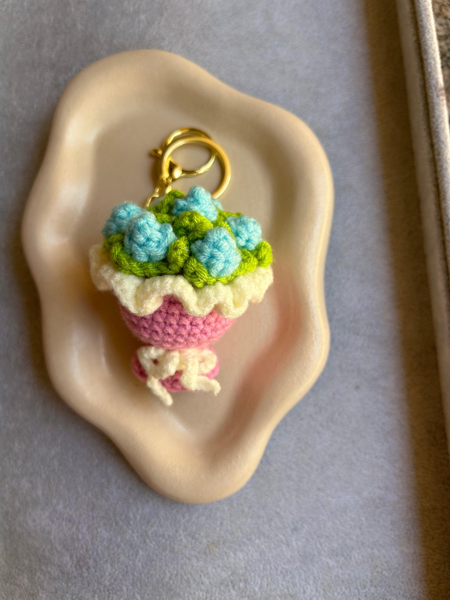 Crochet Blue Hydrangea Cupcake Keychain