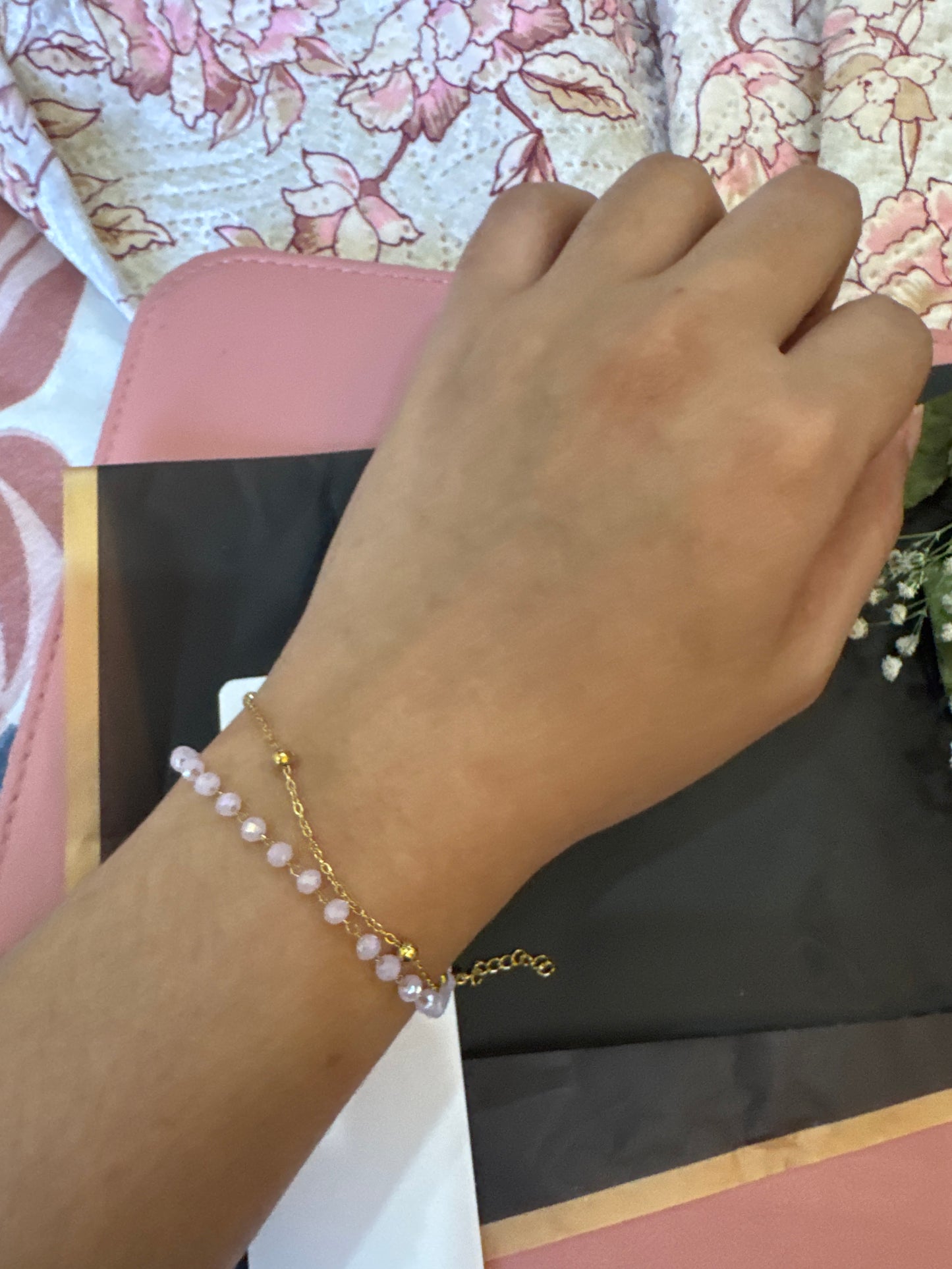 Double Layer Pink Bead Bracelet-Gold