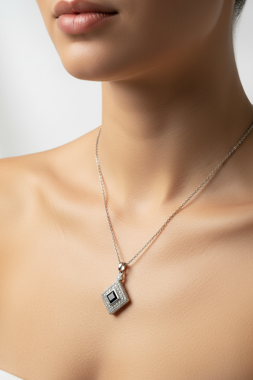 Black Stone Necklace - Silver