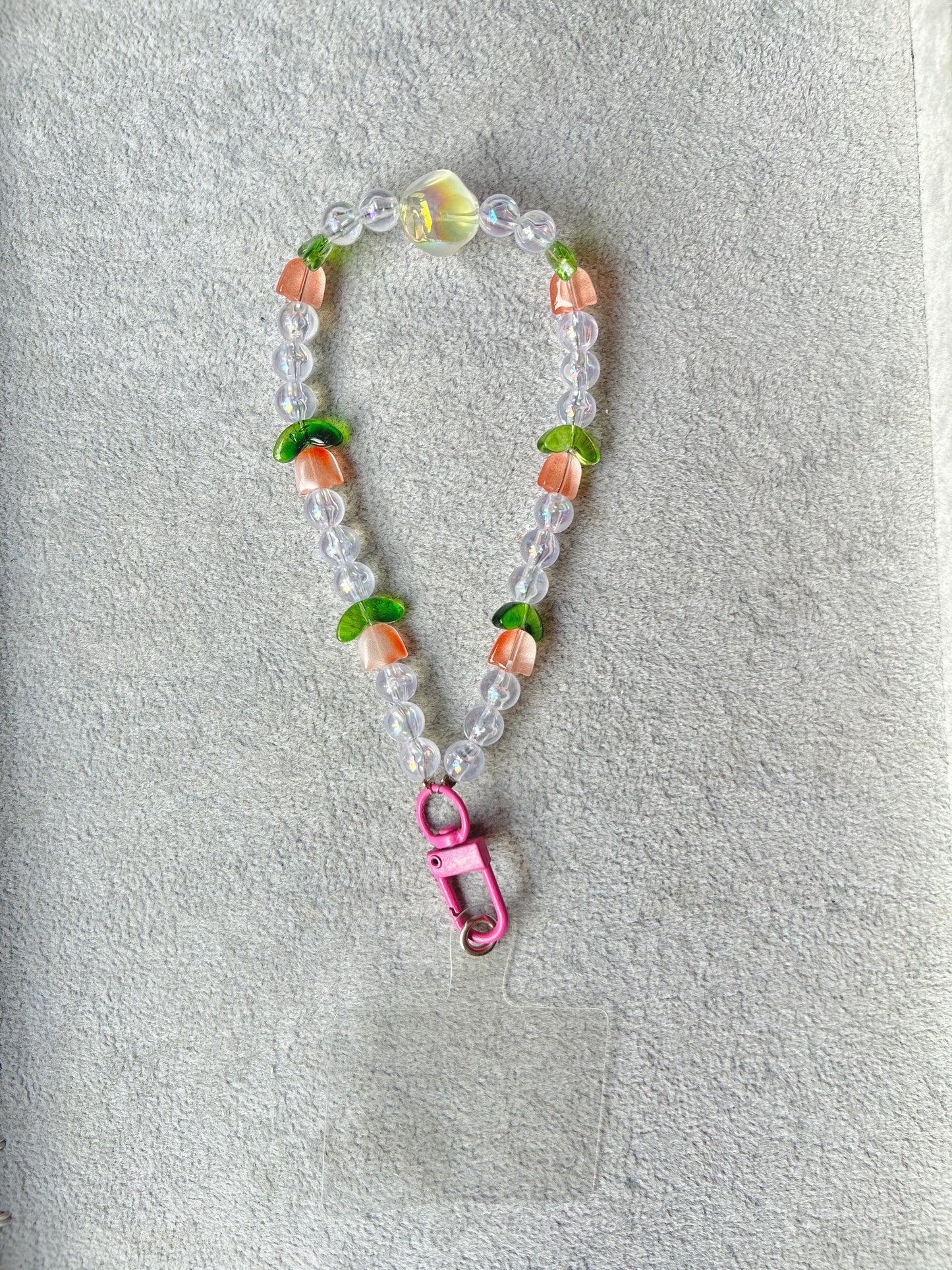 Peach Flower Beaded Phone Charm - Pink Carabiner