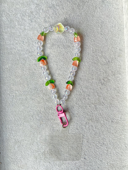 Peach Flower Beaded Phone Charm - Pink Carabiner