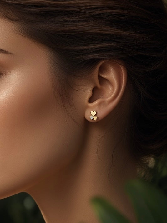 Double Heart Gold Stud Earrings
