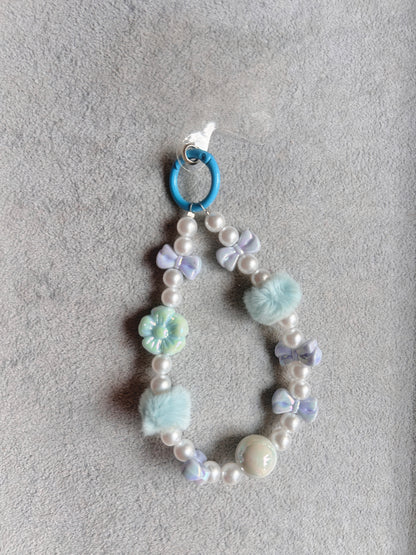 Blue Bow Flower Pom-Pom Beaded Phone Charm - Blue Ring