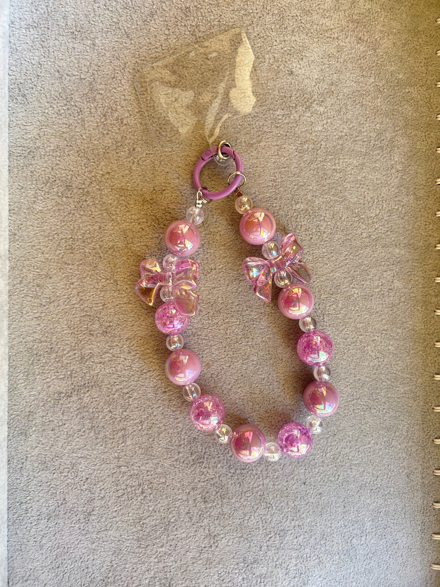 Pink Iridescent Bow Phone Charm - Glitter Beaded