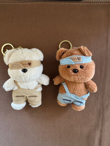 Baby Bear Bag Charms - Plush Keychain with Headband & Overalls