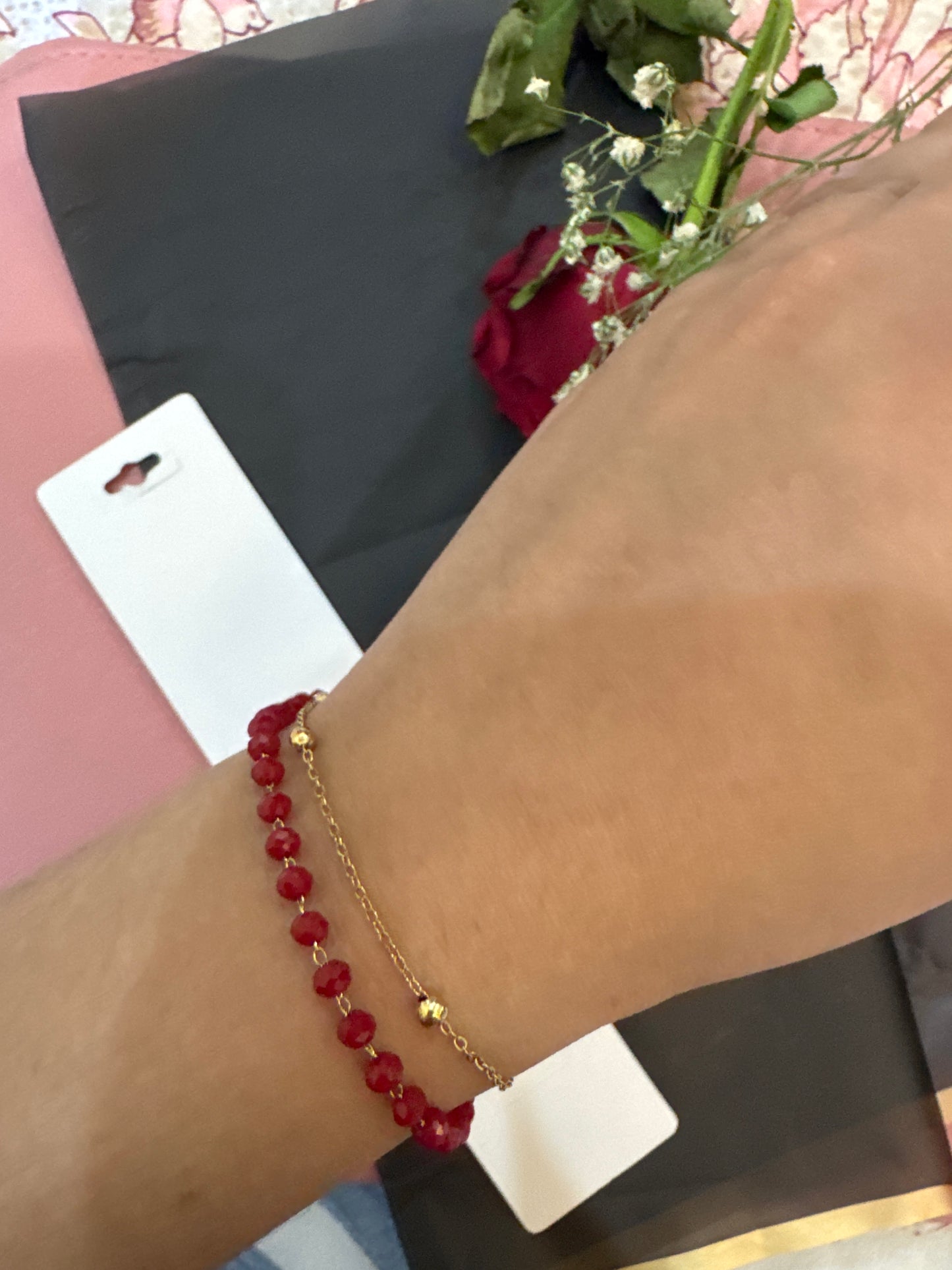 Double Layer Red Bead Bracelet-Gold