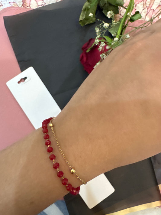 Double Layer Red Bead Bracelet-Gold