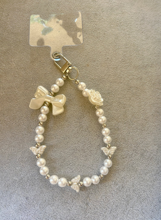White Pearl Bow Butterfly Beaded Phone Charm - Silver Carabiner