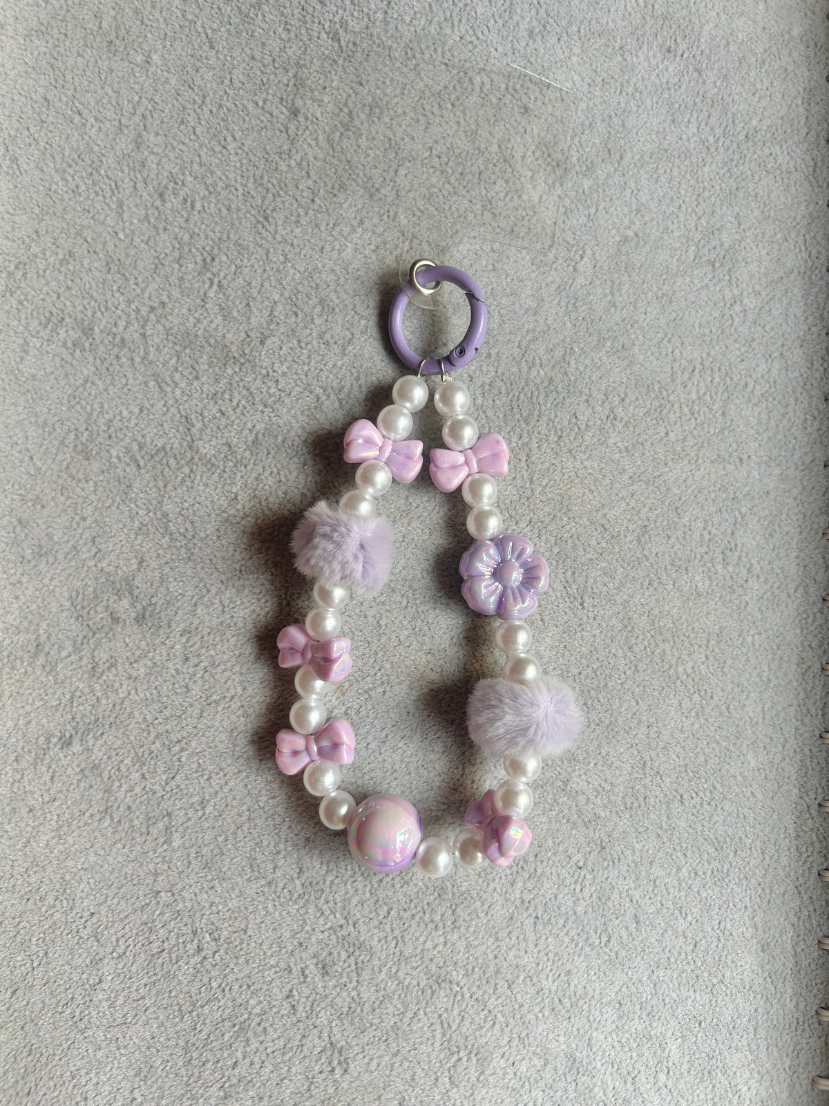 Pink Purple Bow Flower Pom-Pom Beaded Phone Charm - Purple Ring