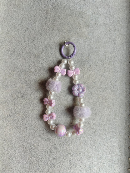 Pink Purple Bow Flower Pom-Pom Beaded Phone Charm - Purple Ring