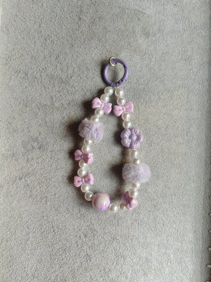 Pink Purple Bow Flower Pom-Pom Beaded Phone Charm - Purple Ring
