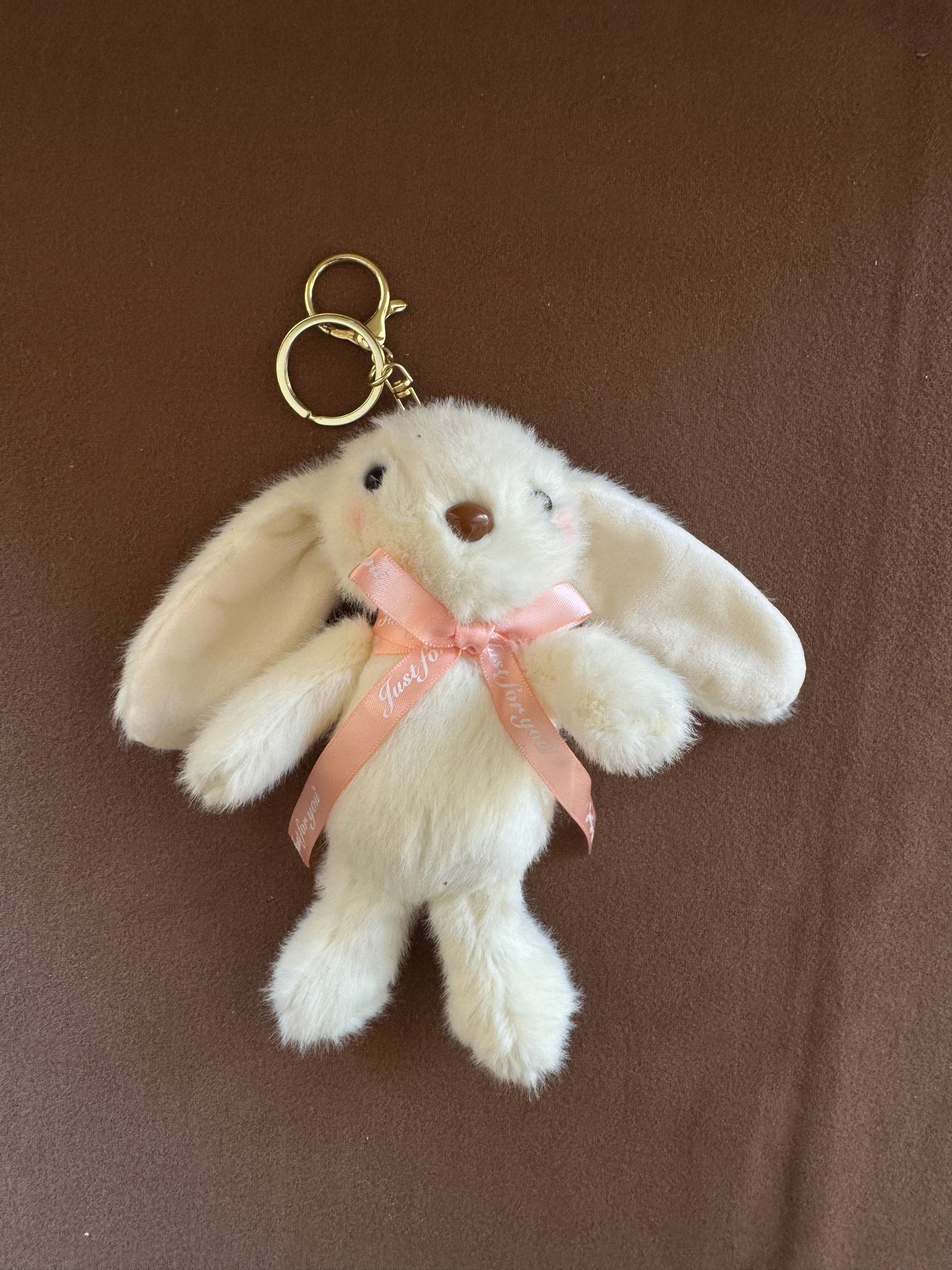 Fluffy Bunny Bag Charm - Soft Plush Keychain with Pink Ribbon