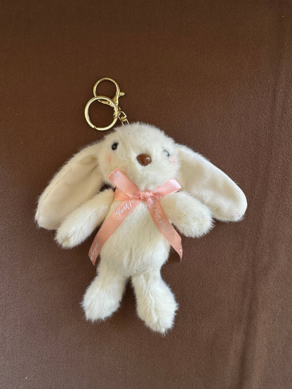 Fluffy Bunny Bag Charm - Soft Plush Keychain with Pink Ribbon