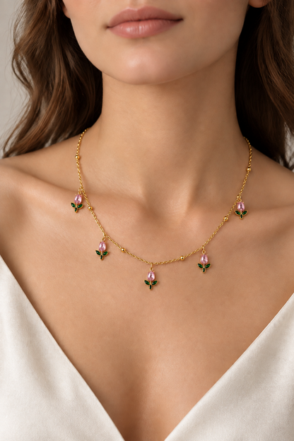 Pink tulip charm necklace
