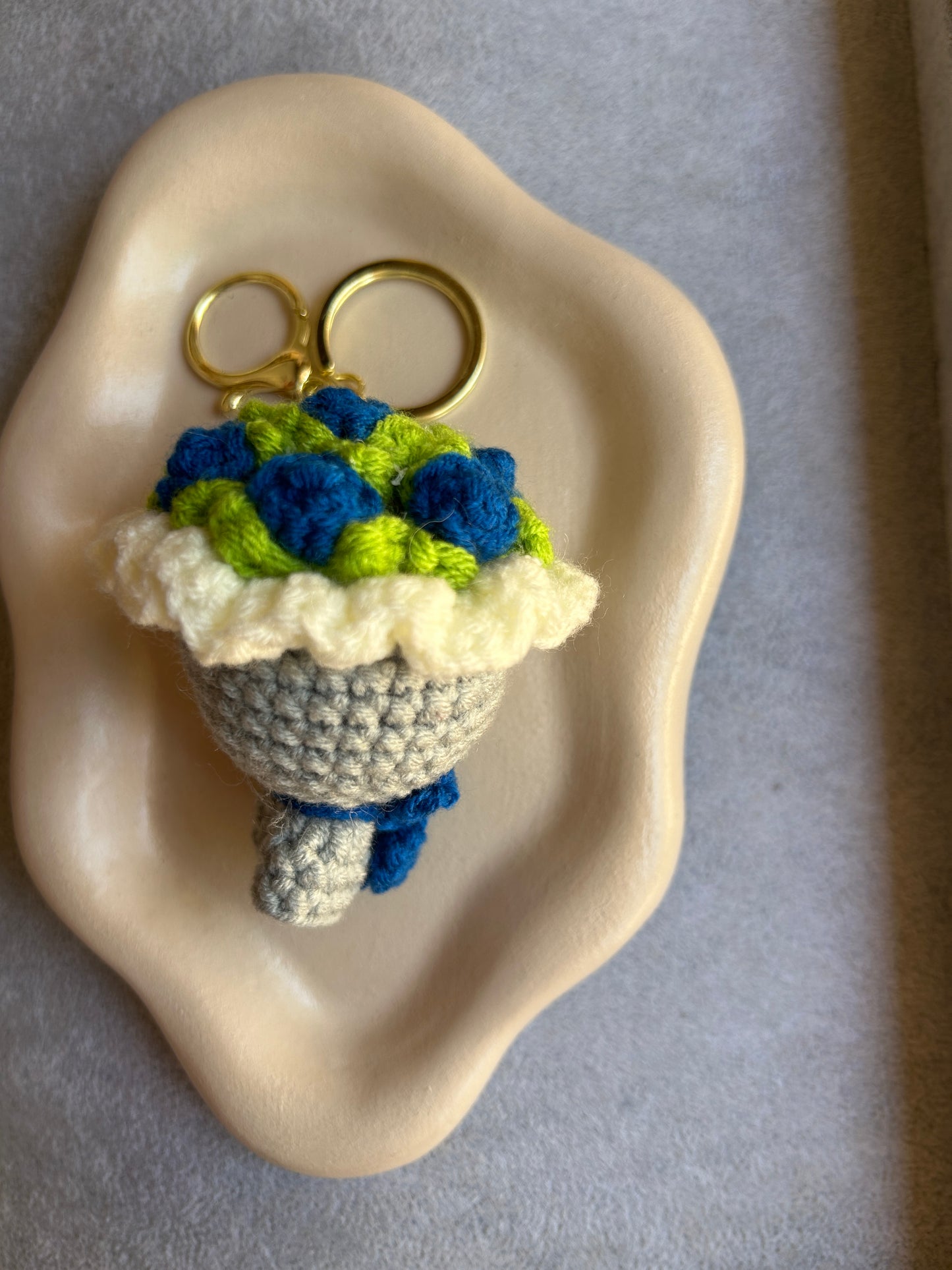 Crochet Blue Flower Bouquet Keychain