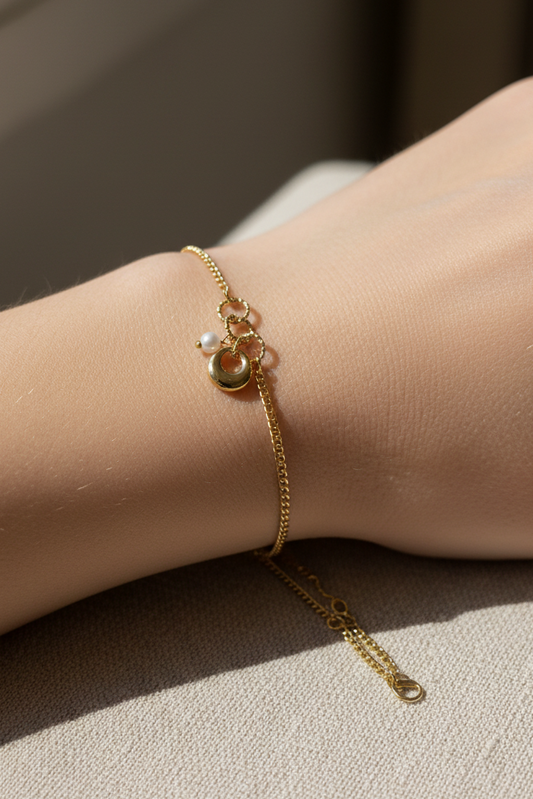 Lunar Pearl Charm Gold Bracelet