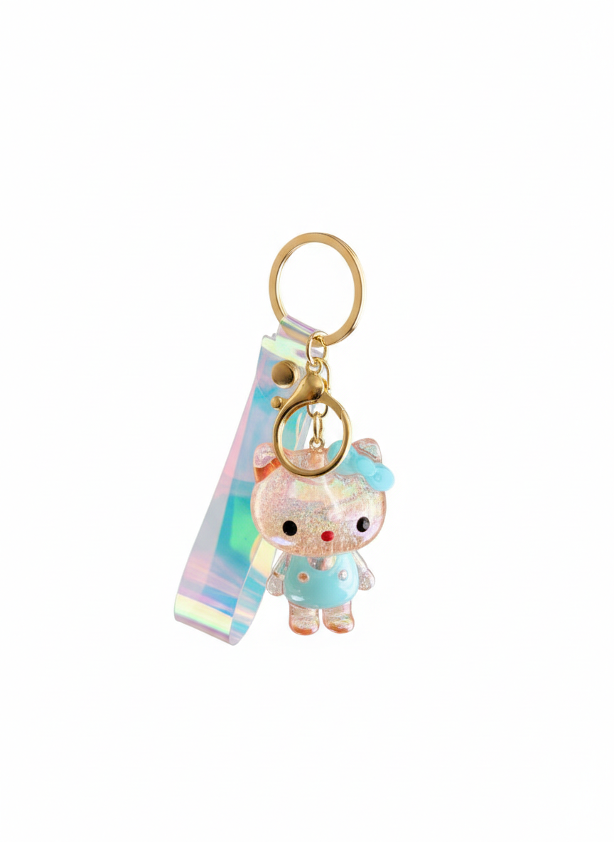Crystal Kitty Keychain with Holographic Strap
