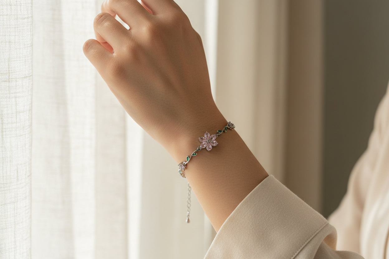 Pink flower silver brecelet