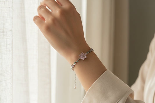 Pink flower silver brecelet