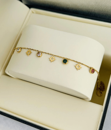 Gold Sunburst Anklet Multi Stone single pair