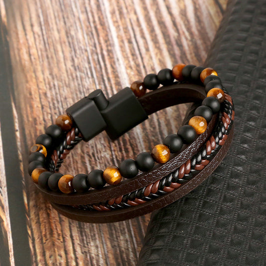 Fashion Round Pu Leather Alloy Tiger Eye Beaded Men's Bracelets Men Beaded Bracelets