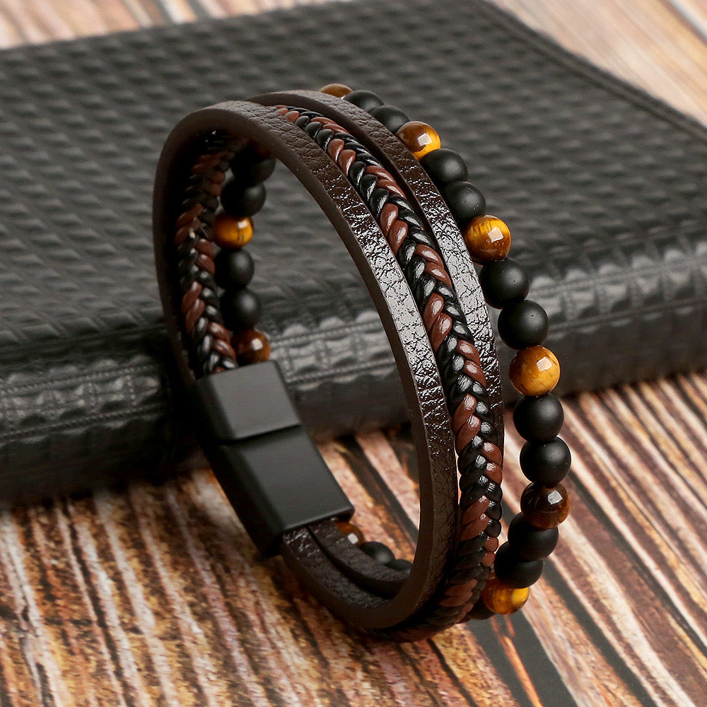 Fashion Round Pu Leather Alloy Tiger Eye Beaded Men's Bracelets Men Beaded Bracelets
