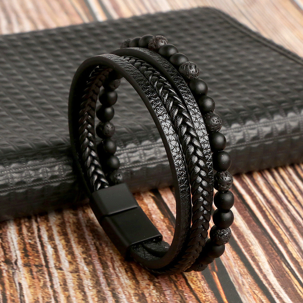Fashion Round Pu Leather Alloy  Black Beaded Men's Bracelets Men Beaded Bracelets