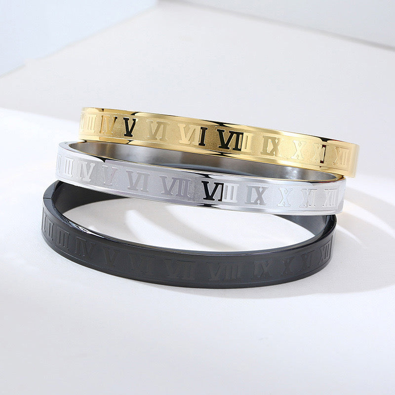 Roman Numeral Stainless Steel Bangle – Men’s Minimal Cuff Bracelet