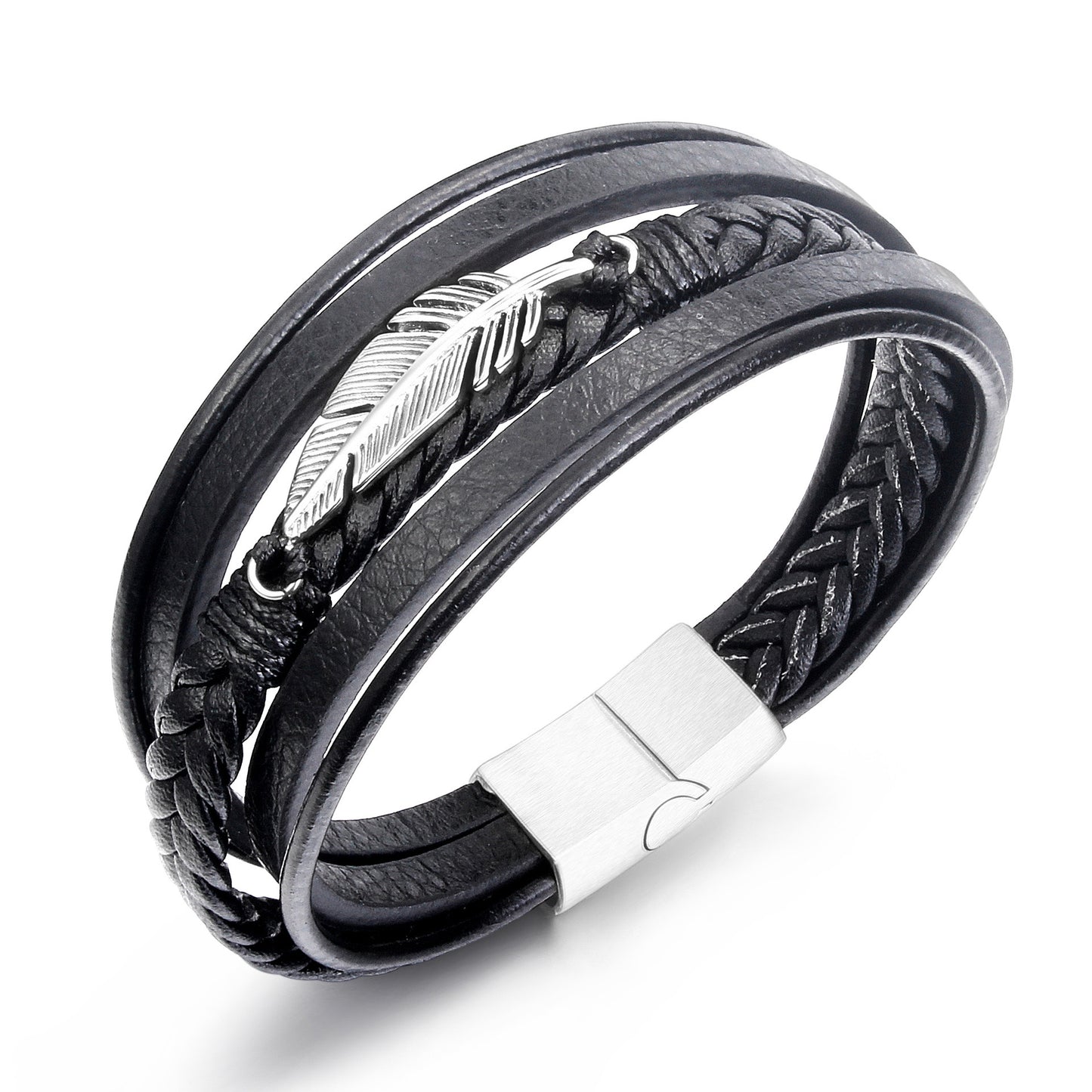Feather Accent Leather Bracelet – Men’s Stainless Steel & Braided PU Leather