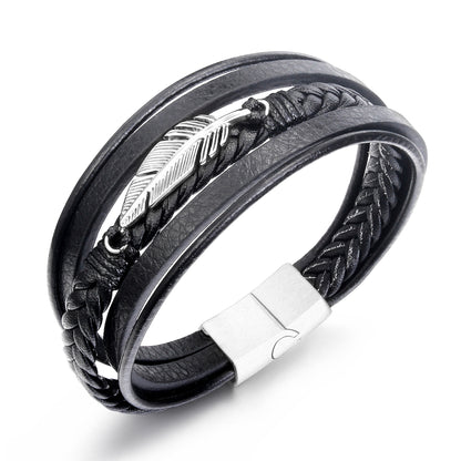 Feather Accent Leather Bracelet – Men’s Stainless Steel & Braided PU Leather