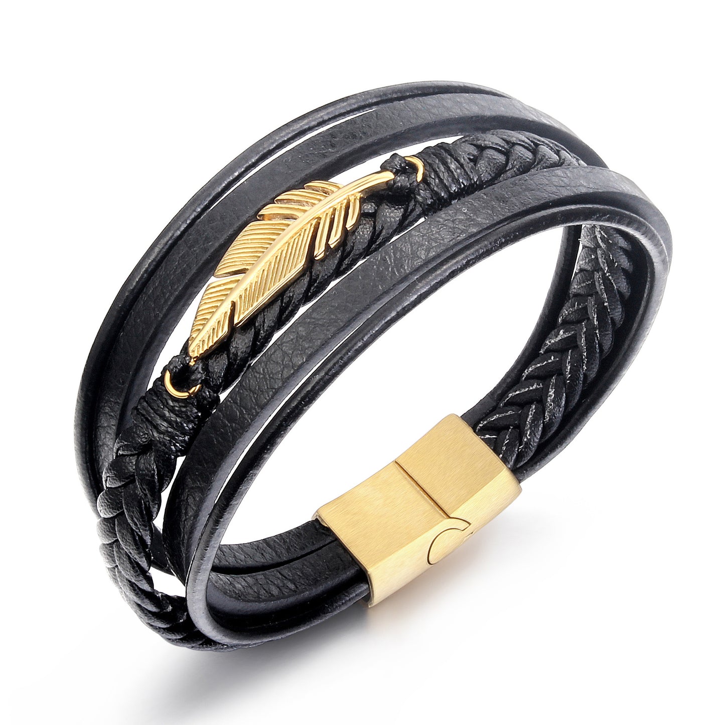 Feather Accent Leather Bracelet – Men’s Stainless Steel & Braided PU Leather