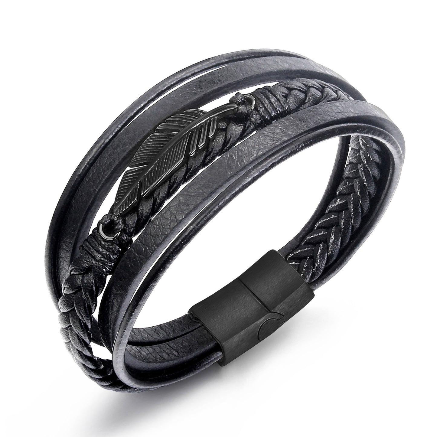Feather Accent Leather Bracelet – Men’s Stainless Steel & Braided PU Leather