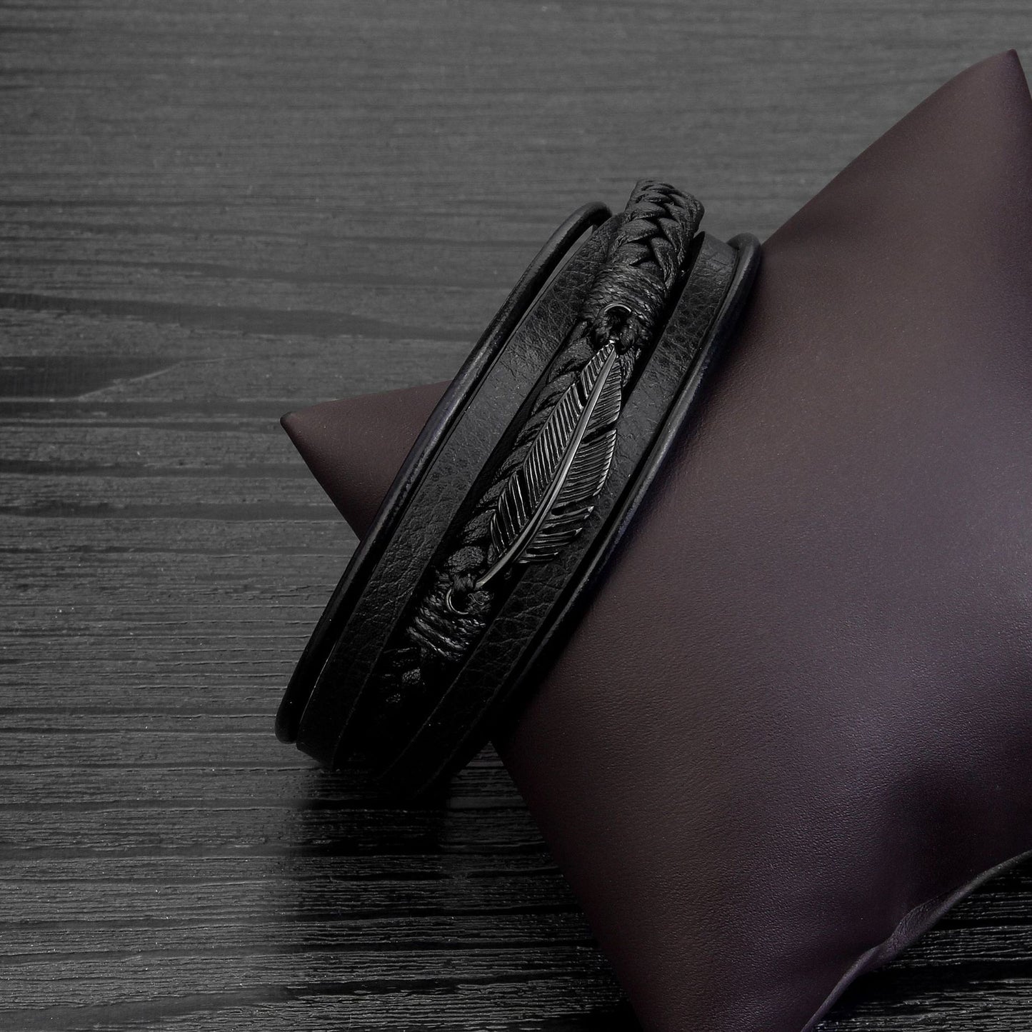 Feather Accent Leather Bracelet – Men’s Stainless Steel & Braided PU Leather