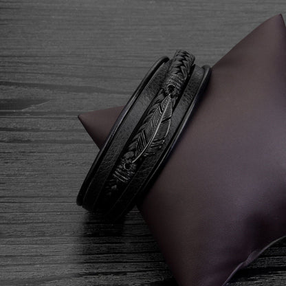Feather Accent Leather Bracelet – Men’s Stainless Steel & Braided PU Leather