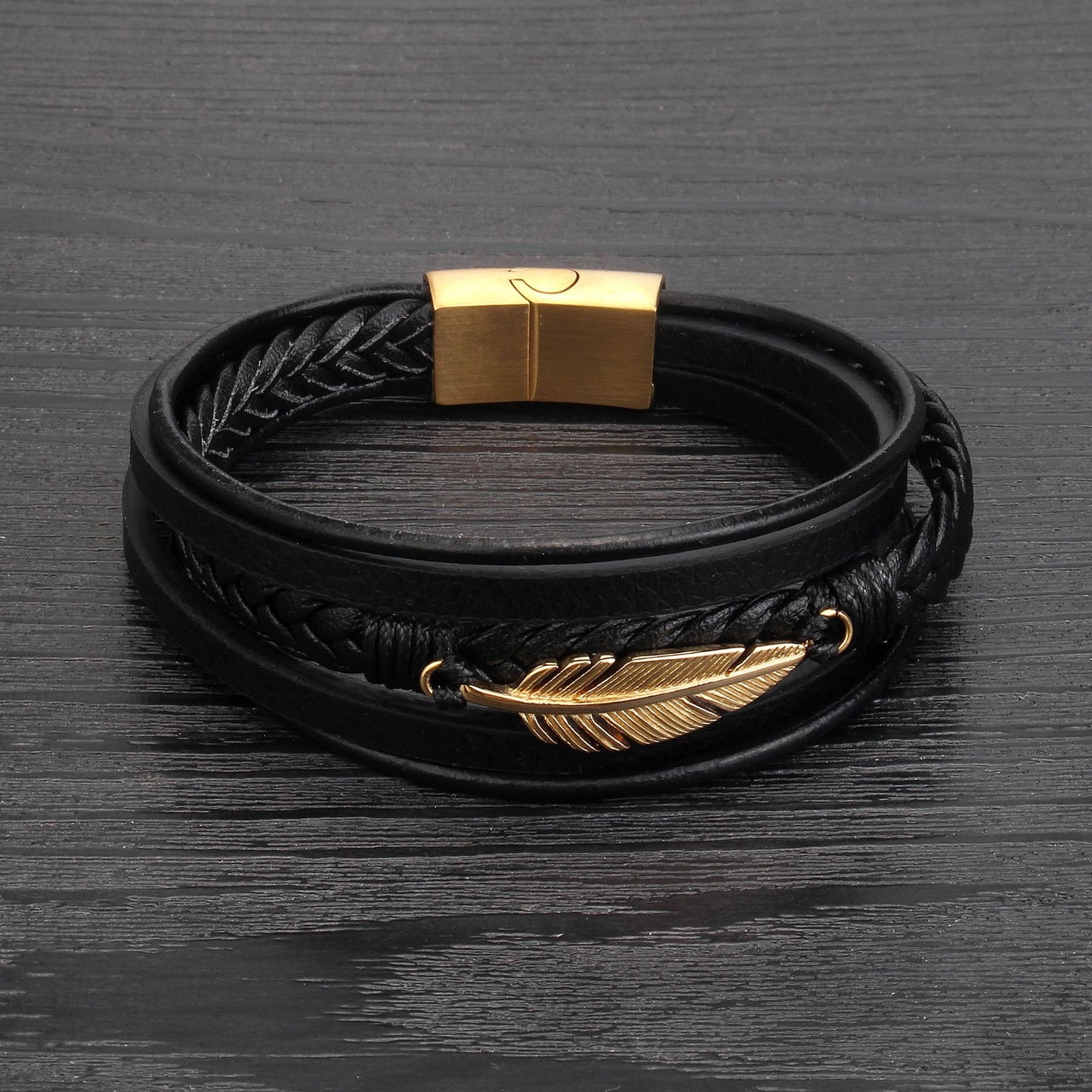 Feather Accent Leather Bracelet – Men’s Stainless Steel & Braided PU Leather