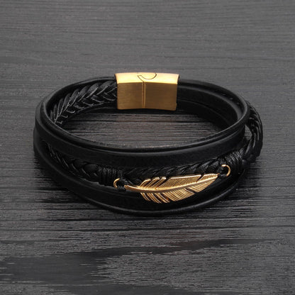 Feather Accent Leather Bracelet – Men’s Stainless Steel & Braided PU Leather