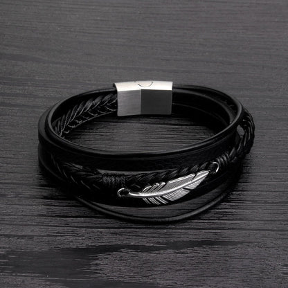 Feather Accent Leather Bracelet – Men’s Stainless Steel & Braided PU Leather