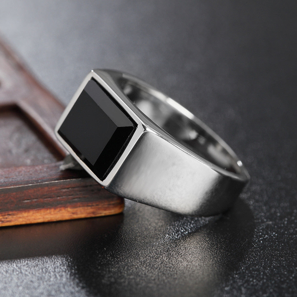 Men's Retro Classic Ring Rectangular Titanium Steel Electroplated Simple Personality European And American Style Geometric Pattern Retro Craft Unisex Jewelry Accessory Silver