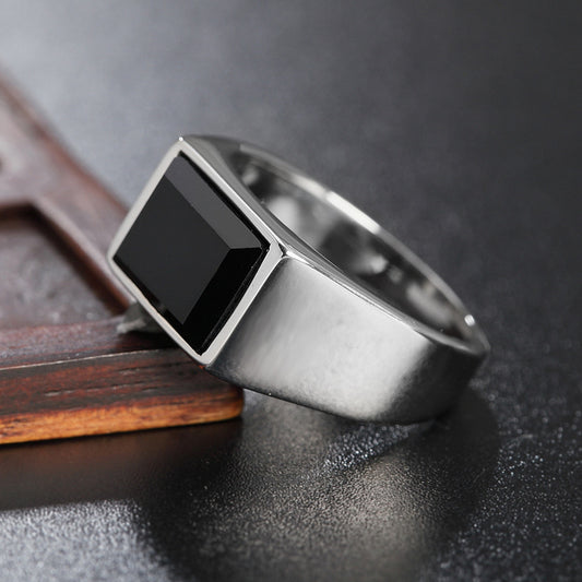 Men's Retro Classic Ring Rectangular Titanium Steel Electroplated Simple Personality European And American Style Geometric Pattern Retro Craft Unisex Jewelry Accessory Silver