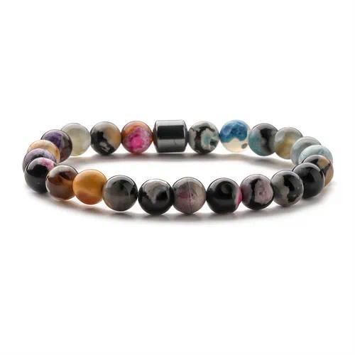 Multicolour Natural Agate Bead Bracelet with Steel Accent – Unisex