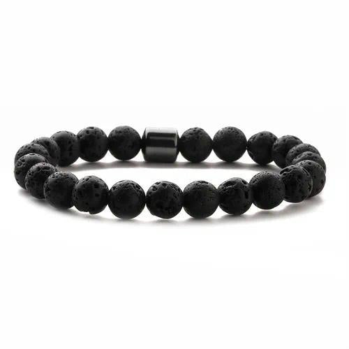 Black Lava Stone Bead Bracelet with Steel Accent – Unisex