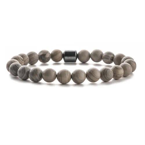 Matte Grey Jasper Bead Bracelet with Steel Accent – Unisex Minimal Bracelet