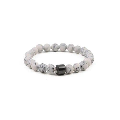 White Howlite Matte Bead Bracelet with Black Accent – Unisex Daily Wear